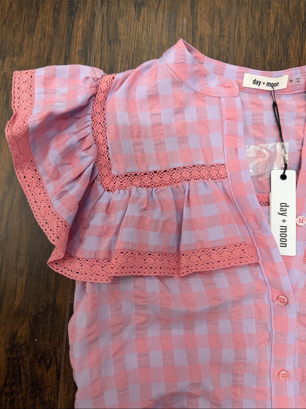 Eyelet Trim Pink Gingham Ruffle Skirt Set - Picture 2 of 4